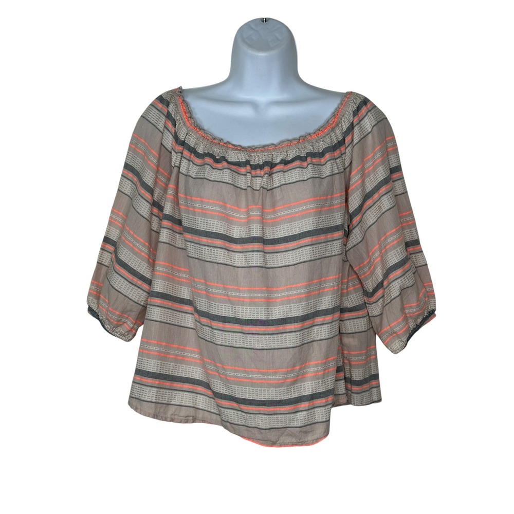 Aerie Off The Shoulder Blouse Medium Tan Striped Neon Orange Boho Peasant Top